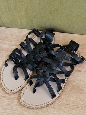 Christian Louboutin Black Leather Woven Gladiator Sandals